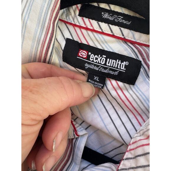 Ecko Unltd Shirt Mens XL Striped Short Sleeve Button Up Graffiti Embroidered Y2k - Picture 6 of 12